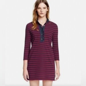 Tory Burch Striped Cotton Shift Dress Red Navy Ruffle Neck Logo Buttons Size S